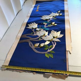 VINTAGE Chinese Embroidered Blue Silk Tapestry Panel Flower Birds 35.  5 