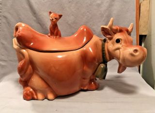 Vintage Cow Cookie Jar W Cat On Lid Brush Mccoy Pottery Usa 1940 