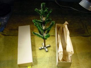 Vintage Miniature Dollhouse Christmas Tree With Paper Leafs,  Wood Stand Size10 "