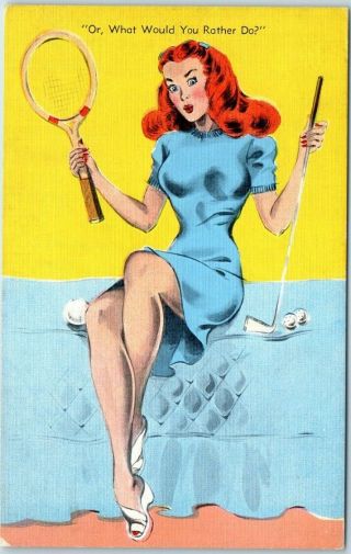 Vintage Pin - Up Girl Postcard " Or,  What Would You Rather Do? " Kropp Linen C1940s