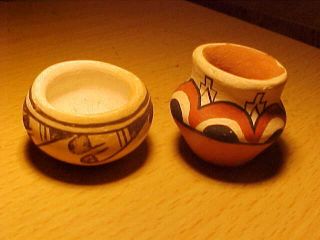 Native American Pottery Indian Miniature Pots Both - Signed Walpi & Jemez