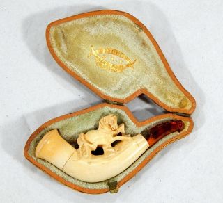 Antique Smoking Pipe Carved Horse Meerschaum & Amber W/ Case