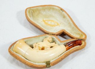Antique Smoking Pipe Carved Horse Meerschaum & Amber w/ Case 2