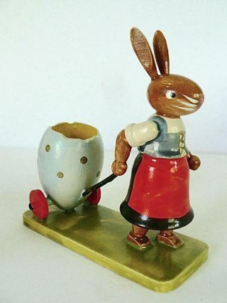 Rare 1955 Vintage Hedo Germany Erzgebirge Bunny Rabbit Pulling Egg Cart