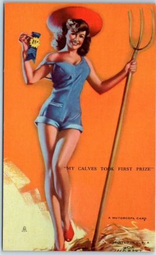 Vintage Pin - Up Girl Mutoscope Card " My Calves Took First Prize " Artist Mozert