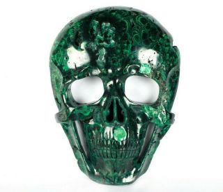 Gemstone 7.  3 " Malachite Carved Crystal Skull Mask Sculpture,  Crystal Healing