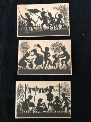 Antique Victorian Children Silhouettes 3 Cards Children Playing