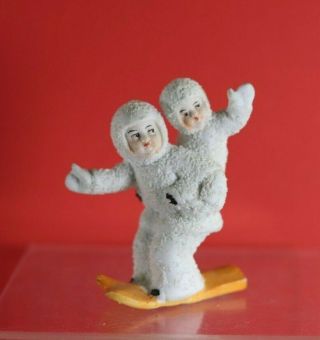 Antique German Bisque Snowbaby Snow Baby Boy With Kid On Back On Skies Figurine