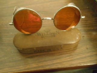 1920 Vintage Wilson Amber Glass Spectacle Goggles Vented Metal Sides W/case