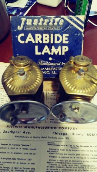 2 Old Vintage Antique Justrite Carbide Miners Mining Lamp No 2 - 814.  (1 W/ Box).