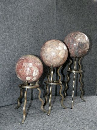 Polished Granite Marble Spheres (set Of 3) On Metal Stands - Handmade In Spain