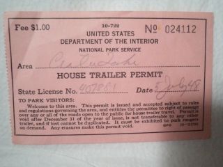 Vintage House Trailer Permit Crater Lake 1948