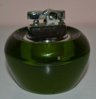 Vintage Green Glass Table Lighter Four Star Cigar Cigarette Mid Century Round