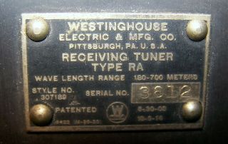 1921 Westinghouse / Rca Type Ra Tuner In Vg Cond / Early Pittsburgh Version