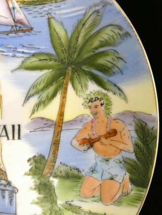 Vintage Hand Painted Hawaii Souvenir Plate c.  ' 40s/ ' 50s Kamehameha Hula Dancer 5