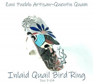 Zuni Pueblo Quentin Quam Picturesque Intricate Mosaic Inlay 925 Quail Ring