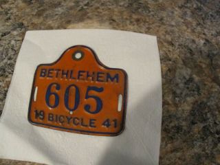 Vintage 1941 Bethlehem Pennsylvania Bicycle License Plate No.  605