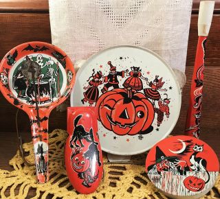 5 Vintage Halloween Tin Litho Party Noisemakers,  Mid - Century Decorations 1950s