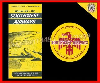 Southwest Airways 1955 Airline Timetable Schedule.  Plus Sw Luggage Label