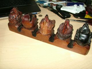 Pipe Rack.  Lovely Hand Carved.  Dogs,  Bear,  Tiger.  4x Pipe.  Glass Eyes. 7