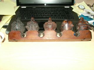 Pipe Rack.  Lovely Hand Carved.  Dogs,  Bear,  Tiger.  4x Pipe.  Glass Eyes. 8