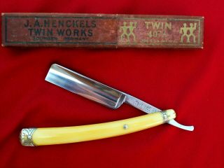 Awesome Shave Ready J.  A.  Henckels " Twins " Straight Razor Fancy Logo Scales,  Box