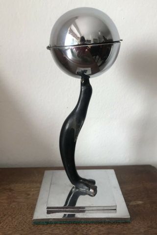 Art Deco Chrome Seal Balancing Ball Table Petrol Lighter Figural Desktop