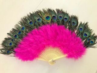 3 Vintage Peacock Feather Handheld Folding Fans Three