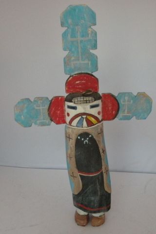 Old Native American Indian Huge Kachina Carved Wood Painted With Head Dress