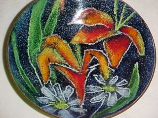 Signed Lucille Cantini Modern Enamel Copper Art Bowl Midcentury Flower Painting