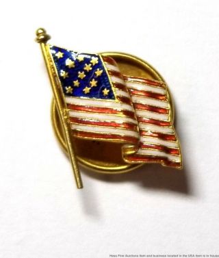 Antique 14k Gold American Flag Usa Red White Blue 13 Star Lapel Pin Button