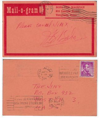 J.  B.  Bobo Mail - O - Gram Postcard,  To Jinx,  Cancells Subscription - 1964 - V.  Fine - Pp