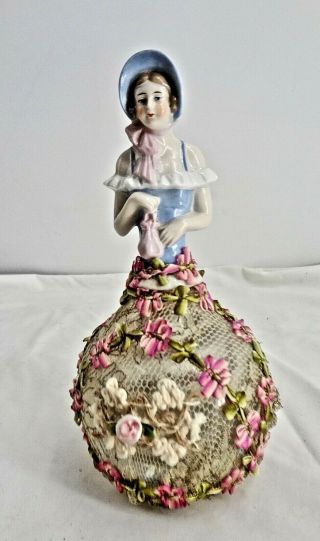 Vintage Porcelain Girl W/ Bonnet Half Doll Figurine Corks Perfume Bottle 16287