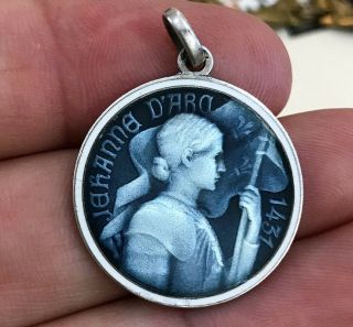 Rare Large Antique French Sterling Silver Joan Of Arc Enameled Medal C1920