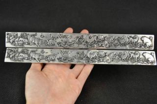 A Pair Old Handwork Miao Silver Carve Chinese 12 Zodiac Good Lucky Safeness Stat