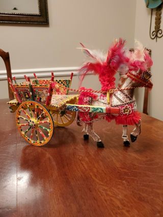 Sicilian Folk Art Wood Horse And Cart Made In Italy