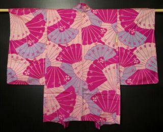 0620n04z460 Antique Japanese Kimono Silk Meisen Haori Pink - Purple Folding Fan