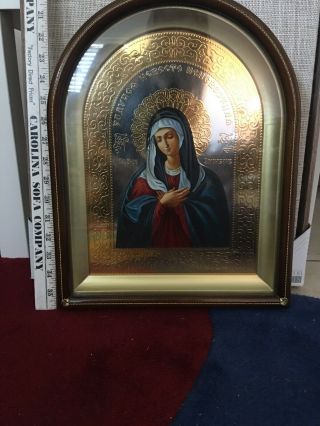 Russian Silver Icon Madonna Heavy Large Hand Painted And Gilt Metal