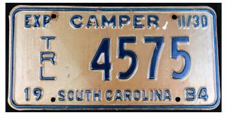 South Carolina 1984 Camper Trailer License Plate 4575