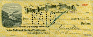 1903 Yellow Aster Gold Mining And Milling Co.  Check Randsburg California