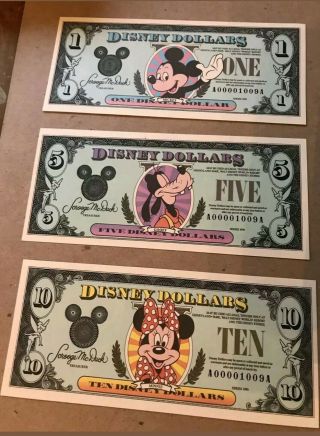 1990 Disney Dollars Set Of 3: $1,  $5,  & $10 Matching Serial Numbers A1009