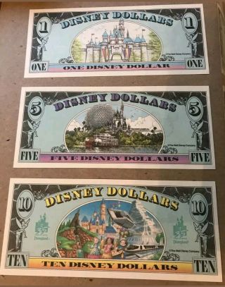 1990 Disney Dollars Set Of 3: $1,  $5,  & $10 Matching Serial Numbers A1009 2