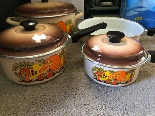 Vintage Enamel Merry Mushroom Dutch Oven Stock Pots/ Pan Cookware Retro 60s 70s