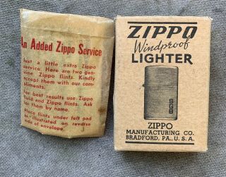 Vintage 1946 Nickel Silver Sgb Zippo Windproof Lighter Box Only With Flint Bag.