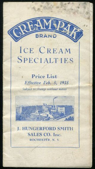 1935 J.  Hungerford Smith Cream - Pak Ice Cream Price List Rochester York