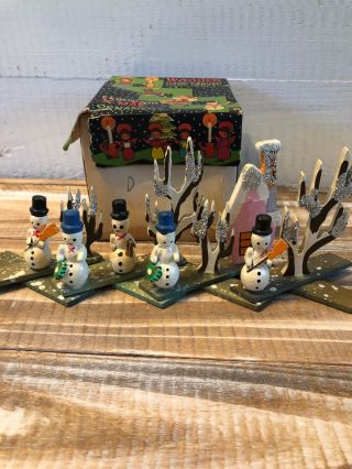 Vintage Wood Snowmen & Trees Expansion Scissor Christmas Ornament Japan Iob Box