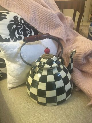 Mckenzie Childs Tea Kettle 3 Qt Pot Check Black White Red Wood Handle 