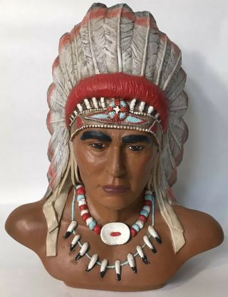 Native American Head Bust Scullture 10” Tall Indian Headdress Feathers History