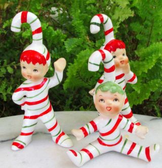 Set Of 3 George Lefton Candy Cane Elf Elves Figurines