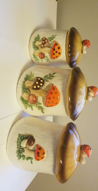 Vintage 1978 - 83 Sears Roebuck Merry Mushroom Set Of 3 Ceramic Canisters.
